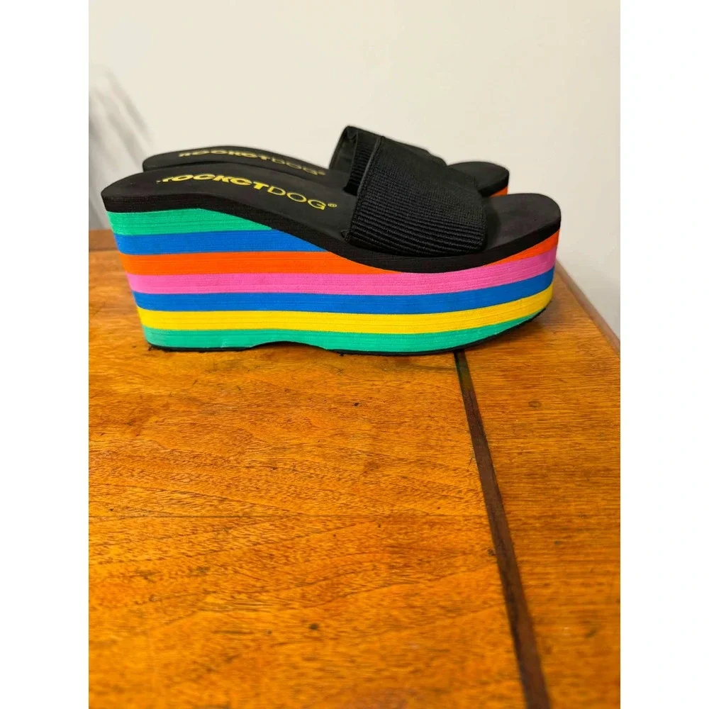 Vtg Rocket Dog 8.5  Rainbow Platform Wedge Slide Sandals Pride Chunky Striped